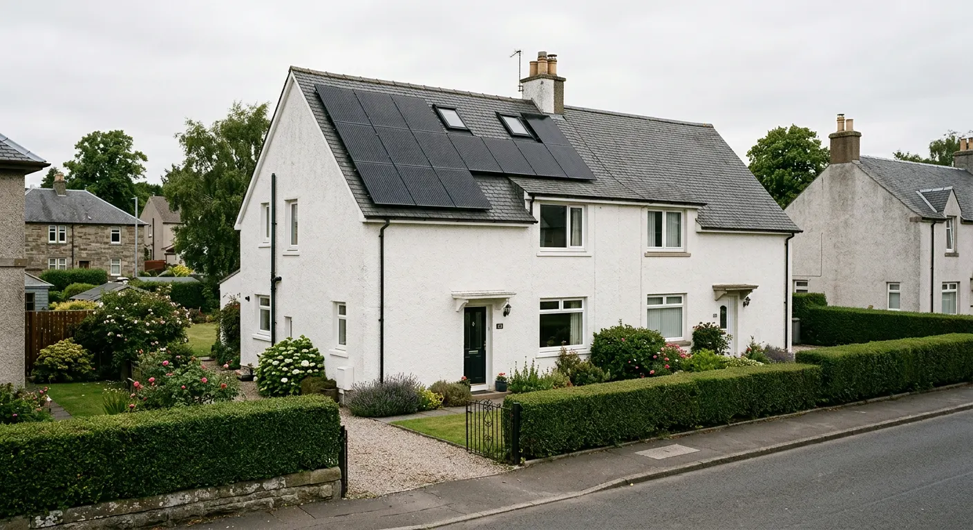 A white harled Scottish semi-detached house with solar panels on its tiled roof
