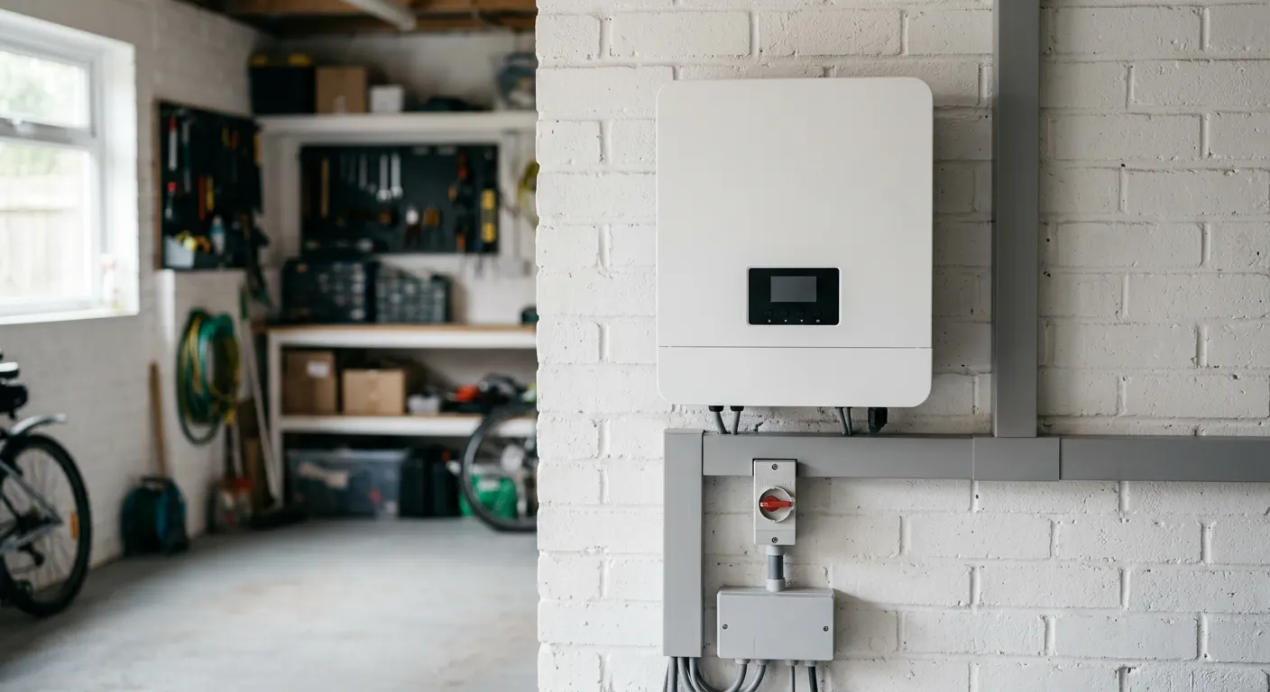 A modern wall-mounted solar inverter with isolator switch on a whitewashed brick garage wall