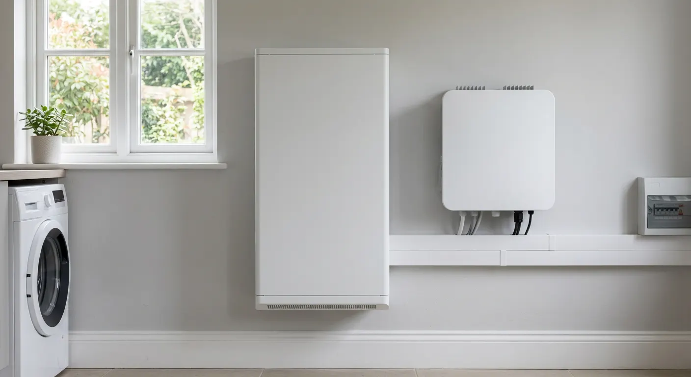 A wall-mounted home battery next to a hybrid inverter in a bright utility room