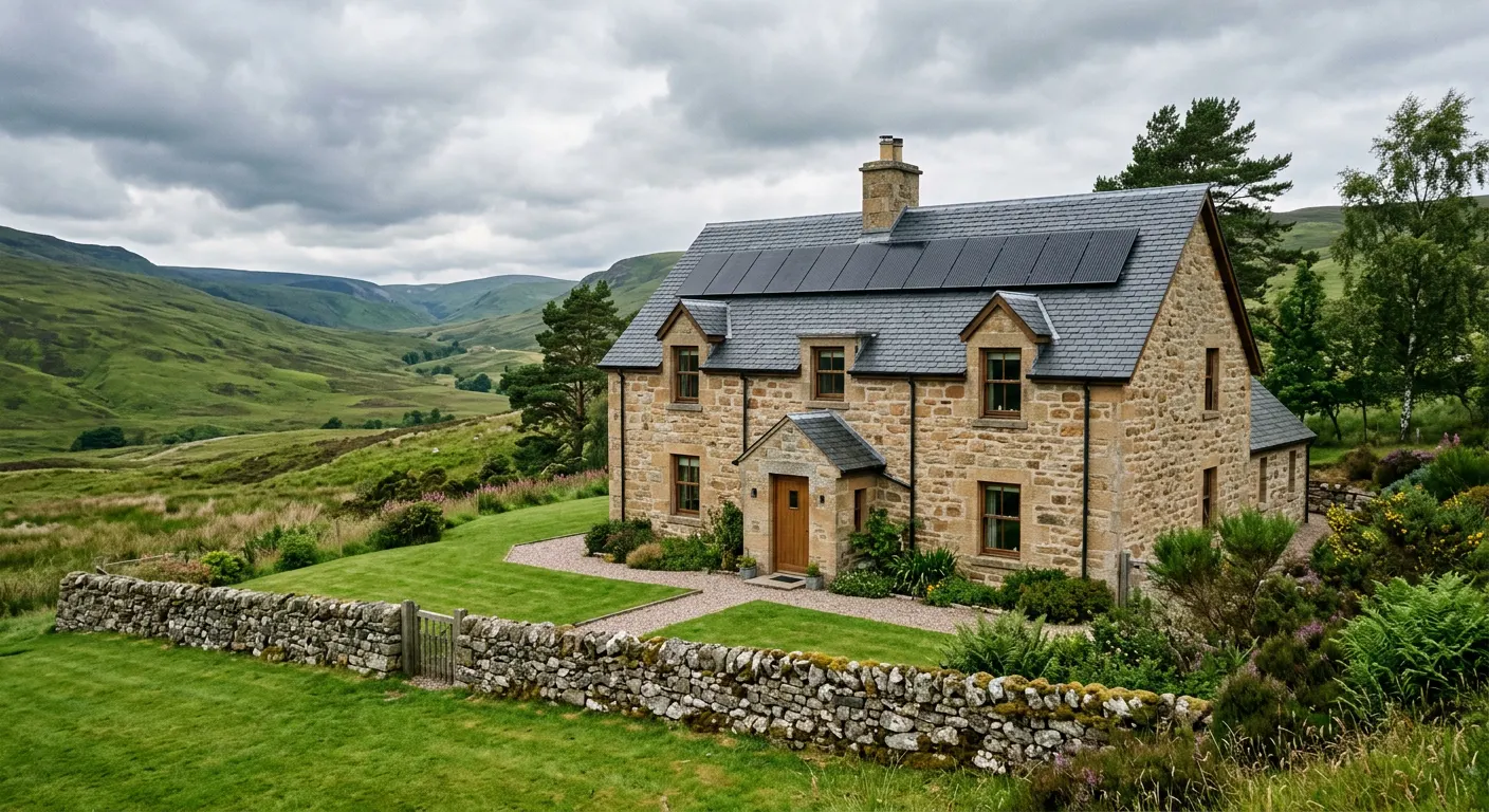 A sandstone Scottish home with solar panels on its slate roof